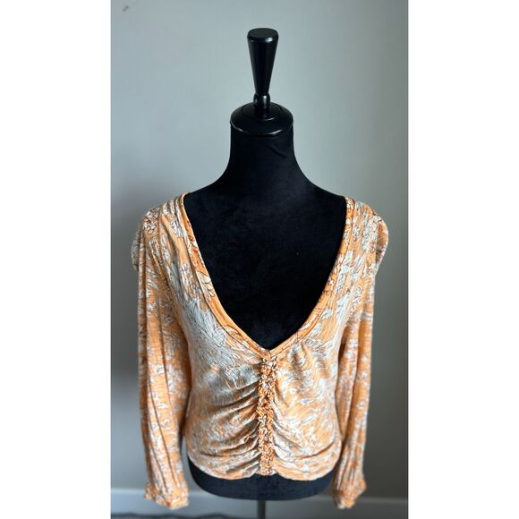 Free People Women's Say the Word Orange White Cropped Long Sleeve Top Size XL - Picture 2 of 10